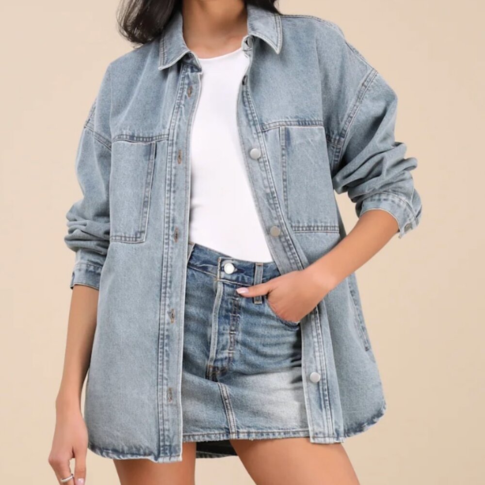 Lulus Callahan Light Wash Denim Oversized Shacket Blue - Size S - NWT